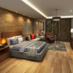 素材感と光の演出にこだわった、高品質な寝室パース