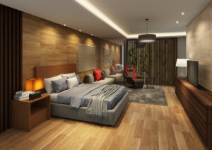 素材感と光の演出にこだわった、高品質な寝室パース