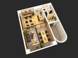 働きやすさと心地よさを両立した、オフィス空間の鳥瞰パース