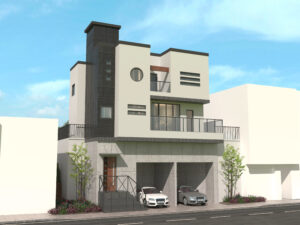 デザインと質感をしっかり伝える、都市型住宅の外観パース