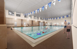 開放感と活気を描くスポーツクラブのプール内観パース