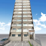 マンションの洗練された佇まいを描いた外観パース