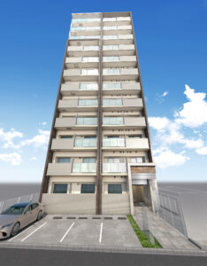 マンションの洗練された佇まいを描いた外観パース